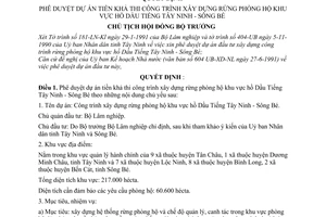 Quyết định  229-CT phê duyệt Dự án tiền khả thi công trình xây dựng rừng phòng hộ khu vực hồ Dầu Tiếng Tây Ninh - Sông Bé