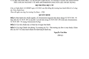 Quyết định  895-BYT/QĐ  tiêu chuẩn ngành y tế mới Artemisinin 0,25% (nguyên liệu dược dụng)