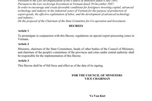 Decree No. 322-HDBT on special export processing zones the Council of Ministers