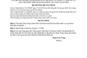 Quyết định  503-TC/BH cho phép triển khai bảo hiểm vật chất xe cơ giới