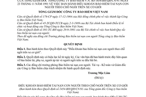 Quyết định  1454-BH/QĐ/CN/91  Điều khoản bảo hiểm tai nạn con người theo chỗ ngồi trên xe xơ giới