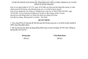 Quyết định  468-QĐ/LB  hệ số trượt giá đúng để tính đơn giá tiền lương trong các cơ sở kinh tế quốc doanh