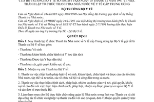 Quyết định  1087/BYT-QĐ  thành lập tổ chức thanh tra Nhà nước về y tế cấp Trung ương