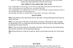 Quyết định  879/QĐ  Quy định về chứng nhận hàng hoá phù hợp tiêu chuẩn Việt Nam