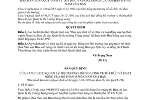 Quyết định  04/QLTT bản quy định về tổ chức và hoạt động của bộ phận ở phía Nam của Ban Chỉ đạo quản lý thị trường Trung ương