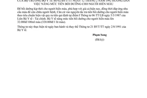 Thông tư 02-BYT/TT hướng dẫn nâng mức tiền bồi dưỡng người hiến máu