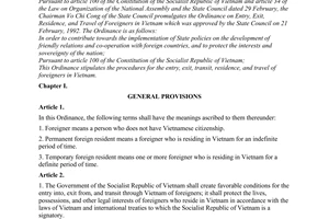 Ordinance No. 65-LCT/HDNN8 of February 21, 1992, on entry, exit, residence, and travel of foreigners in Vietnam.