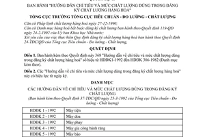 Quyết định 37-TĐC/QĐ  "Hướng dẫn chỉ tiêu và mức chất lượng dùng trong đăng ký chất lượng hàng hoá"