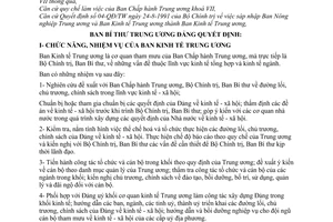 Quyết định 27-QĐ/TW chức năng nhiệm vụ tổ chức Ban Kinh tế Trung ương