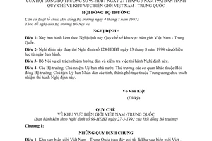 Nghị định 99-HĐBT Quy chế về khu vực biên giới Việt Nam - Trung Quốc