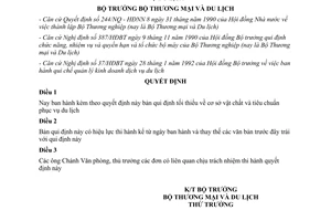 Quyết định 338/TMDL– DL Bản quy định tối thiểu về cơ sở vật chất và tiêu chuẩn phục vụ du lịch 1992