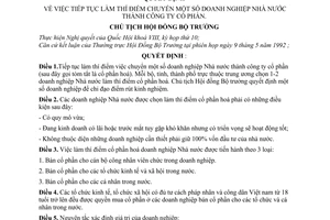 Quyết định 202-CT  tiếp tục làm thí điểm chuyển  doanh nghiệp Nhà nước thành Công ty cổ phần