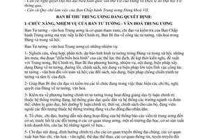 Quyết định 37-QĐ/TW chức năng nhiệm vụ tổ chức Ban Tư tưởng văn hoá Trung ương