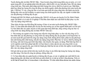 Chỉ thị 37/CT-UB tăng cường bảo vệ công trình xây dựng đường dây tải điện 500KV