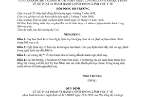 Nghị định 341-HĐBT Quy định xử phạt vi phạm hành chính trong lĩnh vực y tế