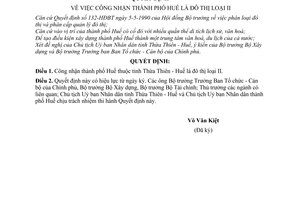 Quyết định355-CT  công nhận thành phố Huế là đô thị loại II
