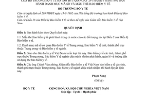 Quyết định  1008/BYT-QĐ  danh mục mã số và mẫu thẻ bảo hiểm y tế