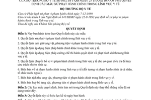 Quyết định  1052/BYT-QĐ  quy định các hình thức xử phạt hành chính trong lĩnh vực y tế