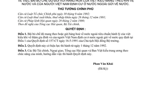 Quyết định  96-TTg  chế độ đối với hàng hóa của Việt kiều mang theo khi về nước và của người Việt nam định cư ở nước ngoài gửi về nước