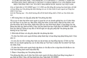 Thông tư liên bộ 73-TT/LB hướng dẫn Quy chế đặt hoạt động văn đại diện thường trú tổ chức bảo hiểm nước ngoài tại Việt Nam