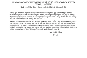 Công văn 3503/LĐTBXH-CV thực hiện chế độ trợ cấp mất sức lao động theo quy định tại QĐ 60/HĐBTN