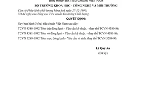 Quyết định  136-QĐ ba tiêu chuẩn Việt Nam TCVN 4380-1992 Tôm thịt đông lạnh TCVN 4381-1992 Tôm vỏ đông lạnh  TCVN 5289-1992 Tôm mực đông lạnh