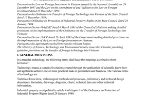 Circular No. 28/TT-QLKH of January 22, 1994, on transfer on foreign technology into Vietnam.