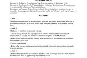 Decree No. 09/CP of Government, on organizing and managing the Tourist Enterprises.