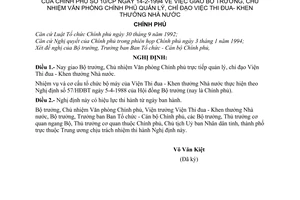 Nghị định 10-CP giao Bộ trưởng, Chủ nhiệm Văn phòng Chính phủ quản lý, chỉ đạo Viện thi đua - khen thưởng Nhà nước