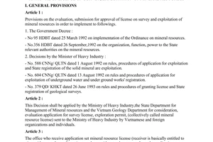 Decision No. 442/QD-QLTN on the organization of evaluating of application, submission for approval of license on survey, exploitation of mineral resources, promulgated by the Ministry of heavy Industry.