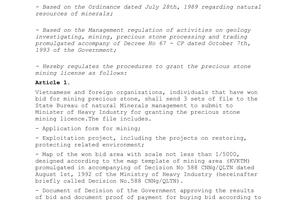 Decision No. 72-QD/QLTN of the regulation on procedures to grant the precious stone mining license, promulgated by the Ministry of heavy Industry