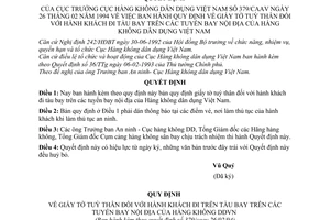 Quyết định  379/CAAV Quy định về giấy tờ tuỳ thân đối với hành khách đi tầu bay trên các tuyến bay nội địa của Hàng không dân dụng Việt Nam