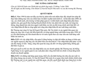 Quyết định  78-TTg điều hành công tác xuất nhập khẩu năm 1994