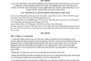 Quy định 463/CAAV cấp phép cho các chuyến bay quốc tế thuê chuyến được thực hiện bởi các hãng hàng không và tư nhân nước ngoài đến và đi từ Việt Nam