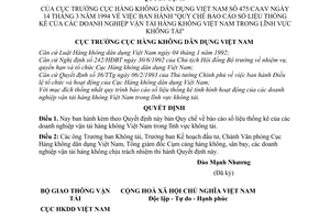 Quyết định  475/CAAV  Quy chế báo cáo số liệu thống kê của các doanh nghiệp vận tải hàng không Việt Nam trong lĩnh vực không tải