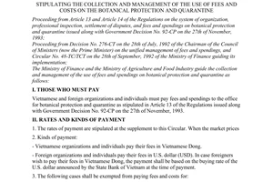 Joint Circular No. 27-TT/LB of March 30, 1994, stipulating the collection and management of the use of fees and costs on the botanical protection and quarantine.