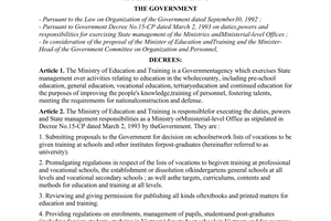 Decree No. 29-CP of Government, on duties, powers and organizational structure of the Ministry of Education and Training.