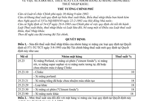 Quyết định  128-TTg  sửa đổi mức thuế suất của nhóm hàng xi măng trong Biểu thuế nhập khẩu