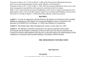 Decision No. 60-BXD/VKT, on the issuance of the statute on construction and assembly bidding the minister of construction, promulgated by The Ministry of Construction