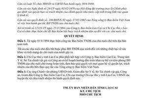 Quyết định 72/QĐ.UB năm 1994 bảo hiểm trách nhiệm dân sự chủ nuôi chó Lào Cai