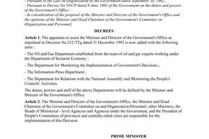 Decision No. 159-TTg, on establishment of a additional units under the Government office, promulgated by The Prime Minister of Government.