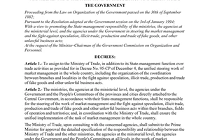Decree No.35-CP of Government, regarding the reorganization of the steering of the market management and the fight against speculation and illicit trade.