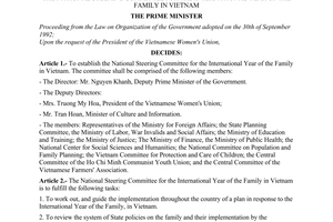 Decision No.198-TTg, issued by the Prime Minister, on the establishment of the National Steering Committee for the international year of the family in Vietnam