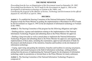 Decision No. 212-TTg, on the founding of the Steering Committee of the national information technology program, promulgated by the Prime Minister of Government.