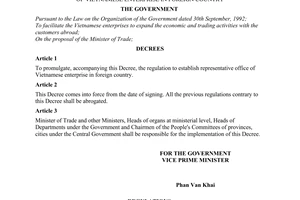 Decree No. 40-CP of May 19, 1994, on promulgating the regulation to establish representative office of Vietnamese enterprise in foreign country.