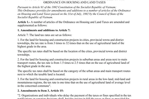 Ordinance No. 34-L/CTN, on amendments and additions to a number of articles of the ordinance on housing and land taxes, passed by the Standing Committee of National Assembly.