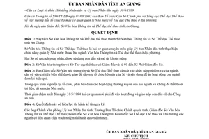 Quyết định 294/QĐ-UB-TC năm 1994 tách Sở văn hóa thông tin thể dục thể thao An Giang