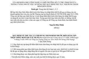 Công văn 171/TĐC-THKH áp dụng thử quy định thủ tục, nội dung thẩm định đơn hàng