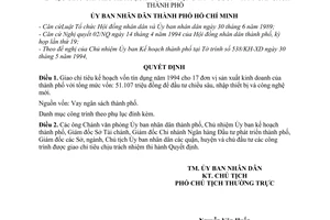 Quyết định 1702/QĐ-UB-CN  giao chỉ tiêu kế hoạch vốn tín dụng 1994 nguồn vay ngân sách thành phố