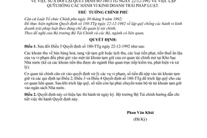 Quyết định 299-TTg/1994  quỹ chống các hành vi kinh doanh trái pháp luật sửa đổi Điều 5 Quyết định 180-ttg năm 1992